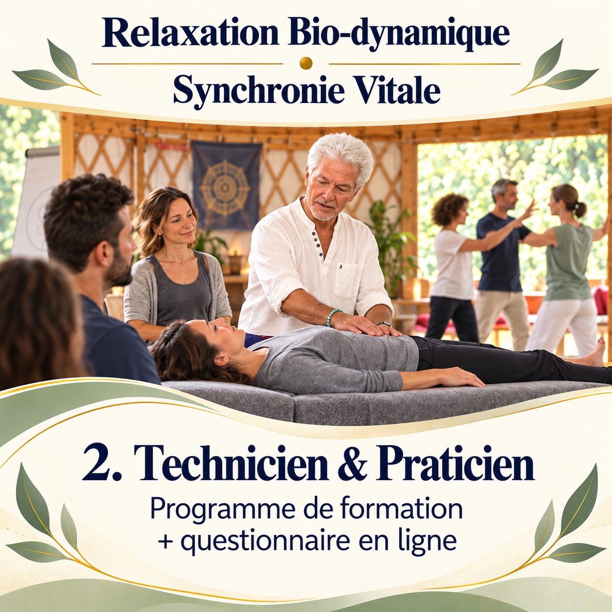 Visuel du parcours Technicien et Praticien en Relaxation Bio-dynamique : pratique sur table en groupe et questionnaire en ligne.